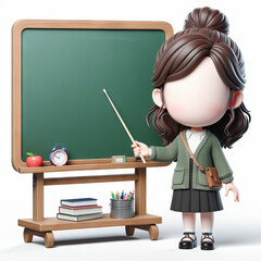 3D cartoon teacher at blackboard with pointer