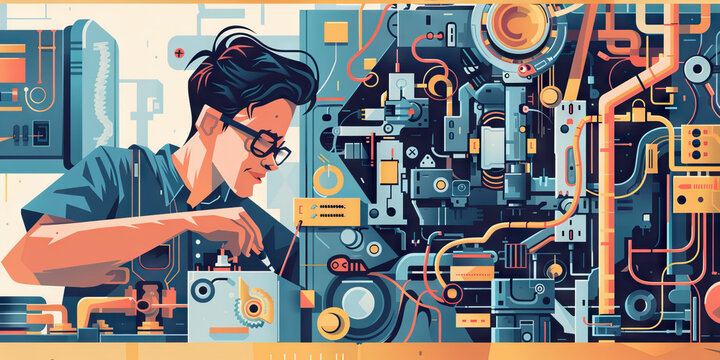 An engineer meticulously disassembles a complex machine, carefully labeling each part for easy reassembly