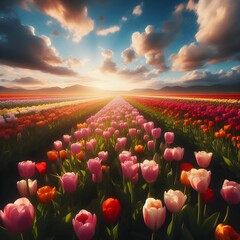 A field of tulips in different colors under a blue sky