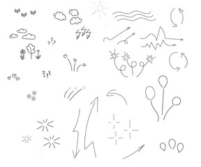 Doodle cute star, heart, arrow pen line elements. Doodle heart, emphasis, star, sparkle decoration symbol set icon. Simple sketch line style text decoration, emphasis element