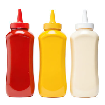Three classic condiment squeeze bottles filled with ketchup (red), mustard (yellow), and mayonnaise (white) against a white background. Ideal for food blogs, restaurant menus, cooking websites, or adv