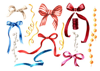 Bow, ribbon, beads, garland set. Hand drawn watercolor illustration isolated on white background