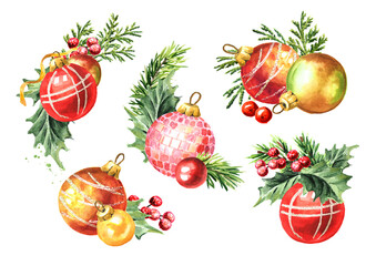 Christmas and Happy New Year  festive  decor set  for greeting card  or  flyer,  postcard , booklet,  leaflet. Hand  drawn watercolor illustration isolated on white background