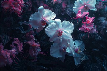 An elegant floral background with intricate patterns of lilies and orchids against a dark backdrop