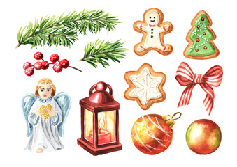 Christmas and Happy New Year  festive decor set. Hand  drawn watercolor illustration isolated on white background