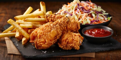 Food photography. Crispy fried chicken with fries and coleslaw, ideal for menus and food blogs.
