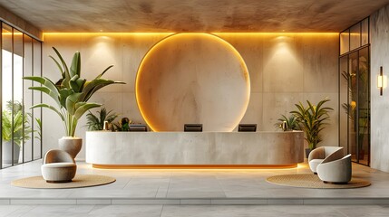 Luxurious and Inviting Reception Area with Curved Desk, Modern Decor, and Warm Lighting Enhancing the Space