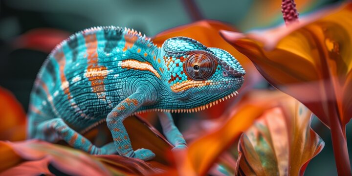 Nature photography. Beautiful chameleon in turquoise and orange colors on orange flowers, perfect for wildlife enthusiasts. - Powered by Adobe