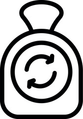 Black and white line art icon of a backpack with a recycle symbol, representing sustainability
