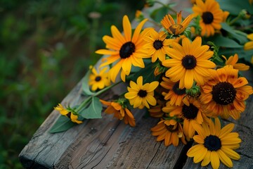 A whimsical floral background featuring a mix of daisies and sunflowers on a rustic wooden surface