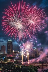 Fireworks illuminating Fort Worth city skyline during evening celebration with bright colors and city lights