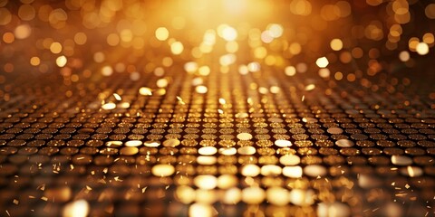 Background. Golden sequins with light effects, perfect for festive and luxurious design themes.