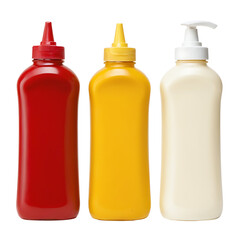 Three classic condiment squeeze bottles filled with ketchup (red), mustard (yellow), and mayonnaise (white) against a white background. Ideal for food blogs, restaurant menus, cooking websites, or adv