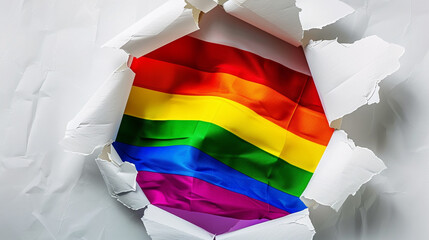 the lgbt rainbow flag in the hole of torn white paper extreme closeup.