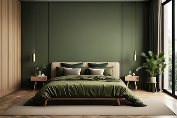 Modern Luxury Bedroom with Lime Olive Velor Bed and Khaki Green Wall. Minimalist Interior Design for Home or Hotel. Empty Mockup Wall for Art. Wood Parquet. 3D Render.