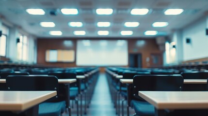 Fototapeta premium Empty lecture hall with rows of desks and chairs focusing on projector screen in background for education and training concepts