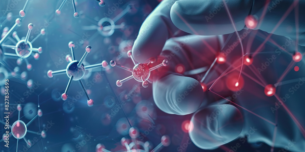 Poster a nanotechnologist manipulates tiny atoms with delicate hands and tools in a science lab.