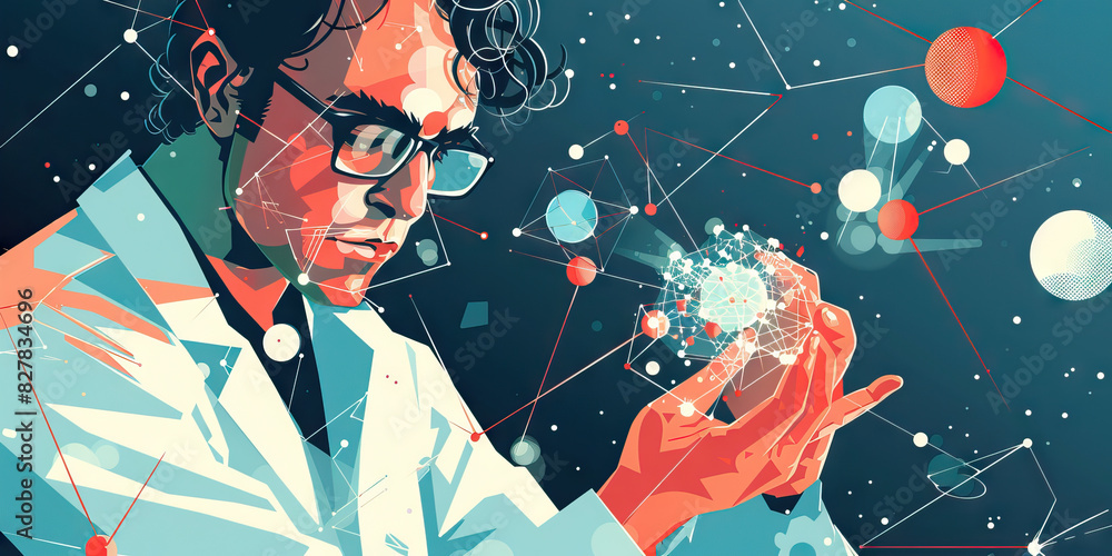 Poster a nanotechnologist manipulates tiny atoms with delicate hands and tools in a science lab.