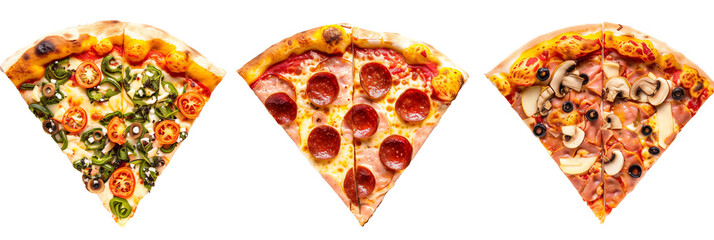 3 different types of pizza slices with diverse toppings
