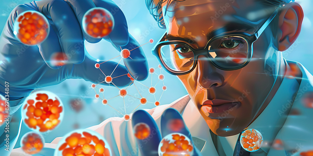 Poster a nanotechnologist manipulates tiny atoms with delicate hands and tools in a science lab.