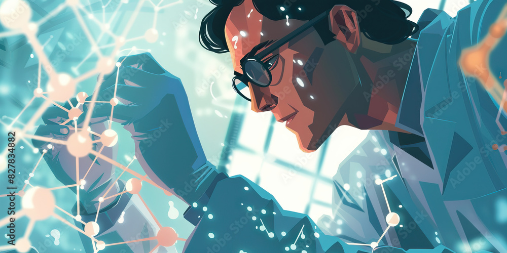 Poster a nanotechnologist manipulates tiny atoms with delicate hands and tools in a science lab.