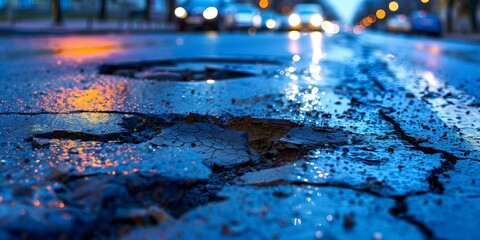 The safety risks posed by poor road conditions in Ukraine due to potholes and cracks. Concept Potholes, Road Safety, Infrastructure, Ukraine, Hazardous Conditions