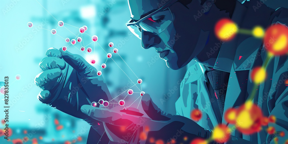 Aufkleber a nanotechnologist manipulates tiny atoms with delicate hands and tools in a science lab.