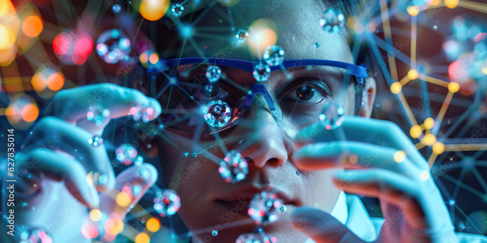 Poster a nanotechnologist manipulates tiny atoms with delicate hands and tools in a science lab.