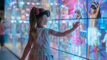 A young girl dancing in front of a large augmented reality display trying on different costumes and accessories.