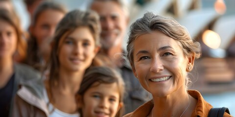 Family Portrait: Smiling Woman in Her s at Sydney Opera House. Concept Celebrating Motherhood,...