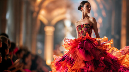 Elegant Model in Vibrant Haute Couture Dress Walking Runway at Fashion Show