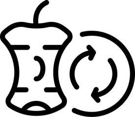Black line art of an apple core beside a recycling symbol, representing sustainability