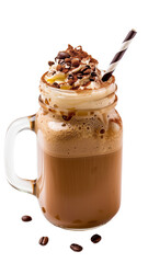 Coffee milkshake in a mason jar with a shot of espresso and coffee beans garnish