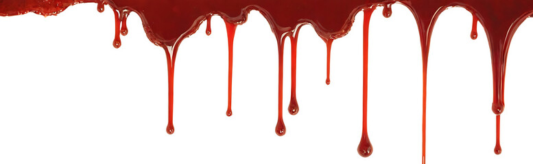 Thick, red blood drips down on a white background, perfect for horror, crime, or medical-themed designs.