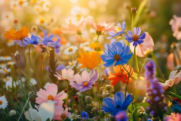 A vibrant floral background featuring a variety of colorful wildflowers in full bloom