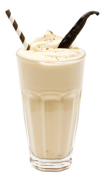 Vanilla milkshake in a tall glass with a striped straw and a vanilla bean garnish