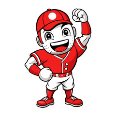 a close up of a baseball player with a fist in the air,  Japanese mascot, reds, happy!!!, triumphant pose,  full body mascot, victory lap