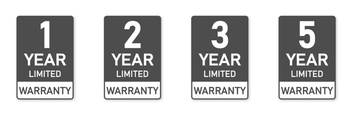 1, 2, 3, and 5 years warranty stamps for product quality assurance in grey color. Set of warranty label stickers in black and white color. 1, 2, 3, and 5 years warranty labels or seal flat icon set.