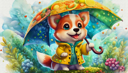 oil painting style CARTOON CHARACTER CUTE dog in a yellow raincoat holding an umbrella,