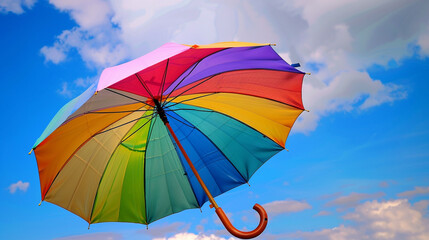 umbrella rainbow colors on blue sky background inside shot.