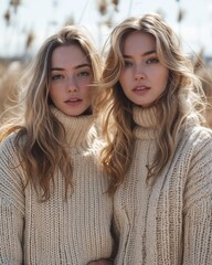 Fototapeta premium Two women in knit sweaters standing in a field.