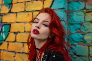 Fototapeta premium A woman with red hair and lipstick standing in front of a brick wall.