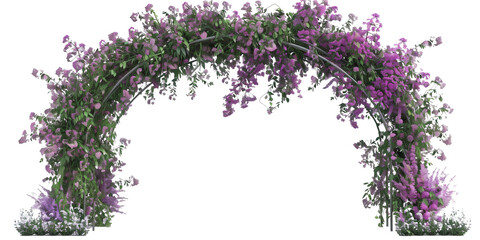 A fantasy garden arch covered in flowering creepers with pink and purple blossoms against a clear sk