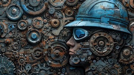 A man wearing a helmet is surrounded by various mechanical gears, emphasizing the concept of machinery and technology
