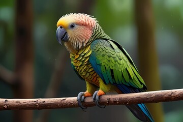 Obraz premium Colorful parrot kakapo on a branch. Multi-colored cheerful cute beautiful talkative parrot kakapo on a branch 