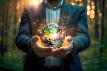 Businessman Holding Earth Globe with Glowing Digital Network Connections in Hand Over Dark Background, Businessman with CGI World Map, Hand Holding Globe blinking Network
