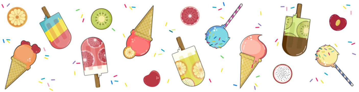 IceCream, Popsicle, Sundaes and fruits | colorful vector Banner