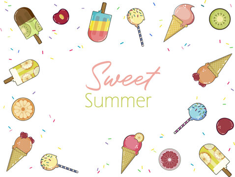 IceCream desserts, sundaes, popsicles and fruits | colorful vector illustration with headline