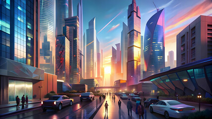 a modern metropolis at dawn, with sleek glass buildings reflecting the sunrise, busy streets filled with people and cars, and a sense of energy and movement