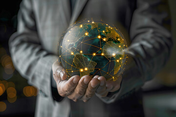 Businessman Holding Earth Globe with Glowing Digital Network Connections in Hand Over Dark Background, Businessman with CGI World Map, Hand Holding Globe blinking Network